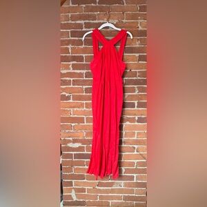 Red Linen Sleeveless Midi Dress with Crisscross Back